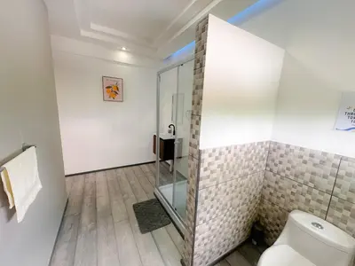 a bathroom with a shower and a toilet at Casa Garitas GuestHouse & Car Rental - Free SJO Airport Shuttle - Nationwide Private Shuttle Services - casagaritas com in Santiago Este