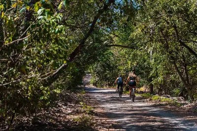 two people riding bikes down a forest trail at Luxurious 3BR Ocean-View Condo - Malinche - Reserva Conchal in Playa Conchal