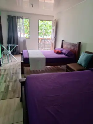 two beds in a room with purple sheets and a chair at Anchia - Hostel in Alajuela City