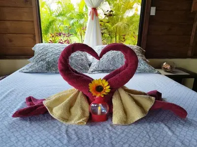 a pair of hearts and a flower on a bed at Bungalow YeyYe La Fortuna in Fortuna