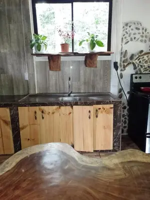 a kitchen with a sink and a window with potted plants at Cabaña Eco-Arte in Tortugal