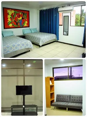 three pictures of a room with two beds and a tv at CasaLu in Puntarenas