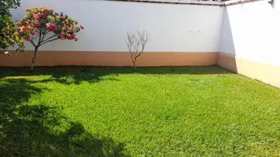 a yard with green grass and a white wall at Mario y Jeannette in Alajuela City