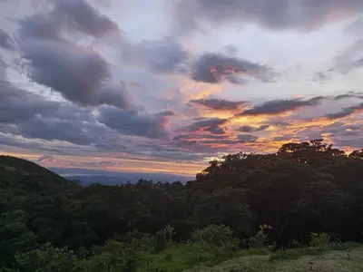 a sunset in the sky over a forest of trees at Casa Urraca, Magnífica Vista al Océano Pacífico in Monteverde Costa Rica