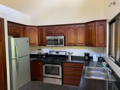 a kitchen with wooden cabinets and stainless steel appliances at Toucan Valley Resort at Osa Mountain Village in Agua Buena