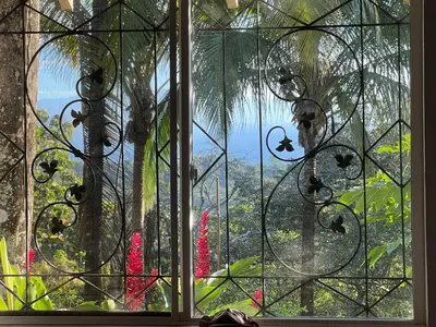 an open window with a view of a garden at Puesta del Sol in Quepos