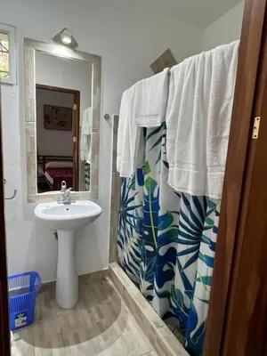 a bathroom with a sink and a shower with towels at Puesta del Sol in Quepos