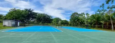 a tennis court with a blue tennis court at Lovely Condo (8 people): Pools, Tennis Courts, BBQ in Manuel Antonio