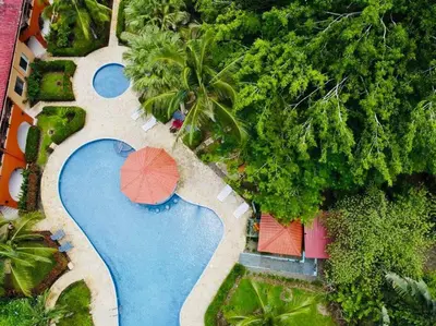 an overhead view of a swimming pool with two umbrellas at Lovely Condo (8 people): Pools, Tennis Courts, BBQ in Manuel Antonio