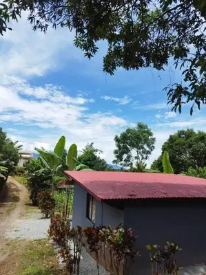 a small house with a pink roof with flowers at Tiny house PZ in San Rafael Norte