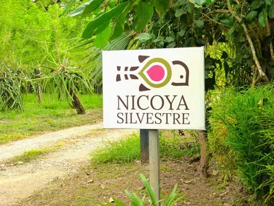 a sign for a nogga silksite on a dirt road at Nicoya Silvestre in Lepanto