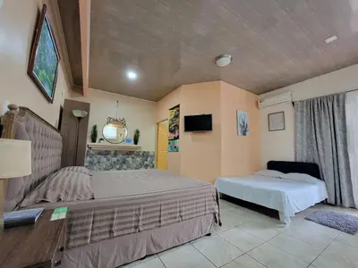 a bedroom with two beds and a television in it at Arenal Memories. in Fortuna