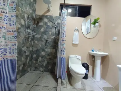a bathroom with a shower and a toilet and a sink at Arenal Memories. in Fortuna
