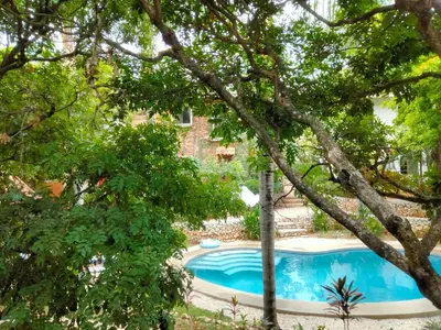 a swimming pool in a yard with trees at House in Tamarindo Pueblo del mar in Tamarindo