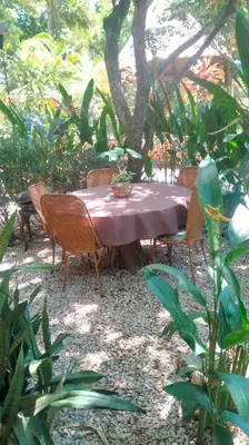 a table and chairs in a garden with a tree at House in Tamarindo Pueblo del mar in Tamarindo