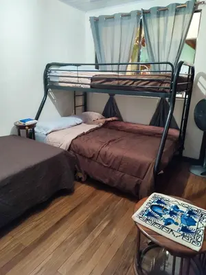 a bedroom with two bunk beds and a table at The Cozy Cactus House B&B Cartago Centro English Spoken in Cartago