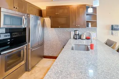 a kitchen with a sink and stainless steel appliances at Seaview Oasis 1-BR Suite in Croc's casino resort in Jacó