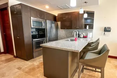 a kitchen with stainless steel appliances and a counter at Seaview Oasis 1-BR Suite in Croc's casino resort in Jacó