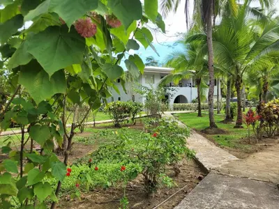 a garden in front of a house with palm trees at Laguna Eco Village #205 Pool/ Tennis Courts/ BBQ in Quepos