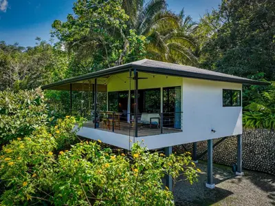 a house with a wrap around porch in the forest at Private Casita Jungle Treehouse Ocean View in Uvita