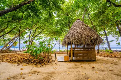 a small hut with a straw roof on a beach at Villas Almendros in Santa Teresa Beach