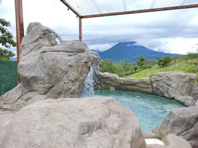 a swimming pool with a waterfall in a rock at Villas Altos del Arenal in Fortuna