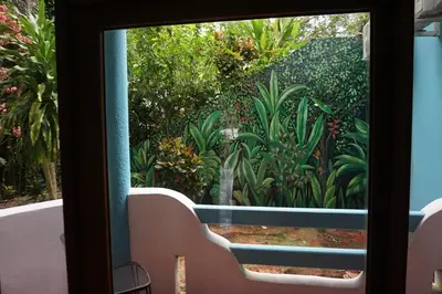 a view of a garden through a window at Hotel Planeta Sano in Manuel Antonio