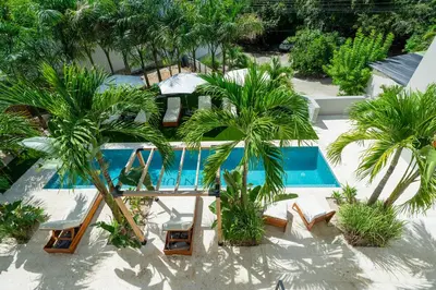 an overhead view of a swimming pool with palm trees at L'Avventura in Tamarindo