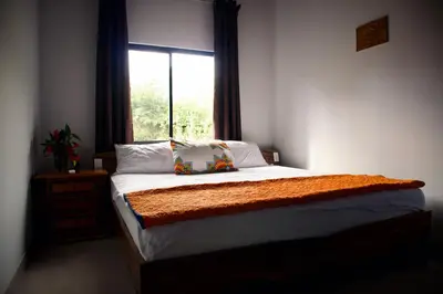 a bedroom with a large bed with a window at Jungle Home with King Beds -5 Minutes from the Beach in Uvita