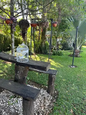a wooden bench with a bird cage on it at Eco Villas Tambor Tucanes in Tambor
