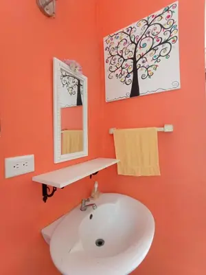 a bathroom with a white sink and a mirror at Nirvana Apartament Hostal in Alajuela City