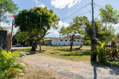 a street with trees and a white house at Hotel El Cocobolo Food&Rest Room 3 B&B WiFi AC Pkg Free Swimmingpool in Liberia