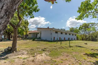 a white building with a tree in the foreground at Hotel El Cocobolo Food&Rest Room 4 B&B WiFi AC Pkg Free Swimmingpool in Liberia