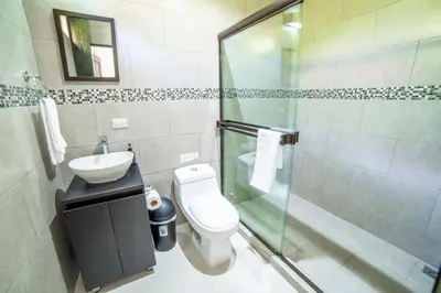a bathroom with a toilet and a sink and a shower at Natüra Hotel Monteverde in Monteverde Costa Rica