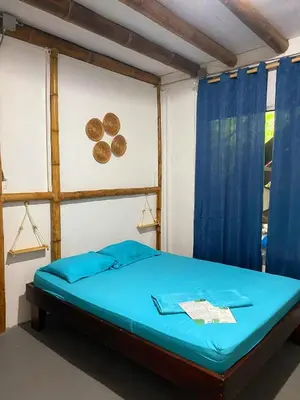 a bedroom with a bed with blue sheets and a window at Flor de bambú in Uvita