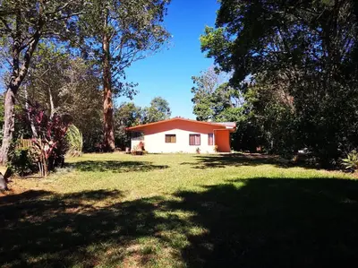 a small house in the middle of a grassy yard at Casa del Eucalipto in Sabana Redonda