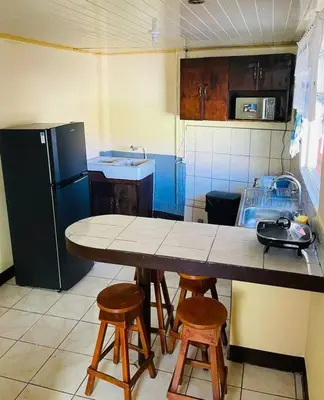 a kitchen with a table and chairs and a refrigerator at A 5 minutos del aeropuerto in Alajuela City