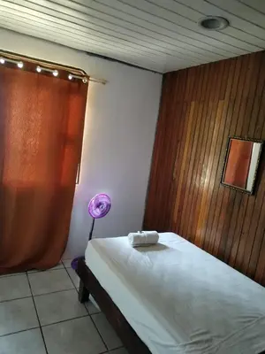a bedroom with a bed with a lamp and a curtain at Bioluminiscencia Hostel Tours - South in Paquera