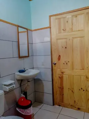 a bathroom with a sink and a wooden door at Casa Beli in Monteverde Costa Rica
