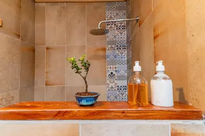 a bathroom counter with a bottle of soap and a plant at Hacienda La Norma Boho Boutique Hotel in Veintisiete de Abril