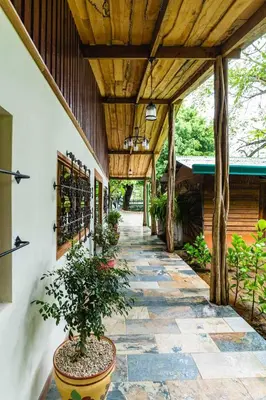 a porch with a potted plant and a wooden ceiling at Hacienda La Norma Boho Boutique Hotel in Veintisiete de Abril