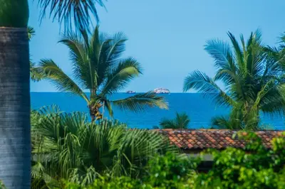 a view of the ocean from a resort with palm trees at Villa Flamingo 8 At Playa Flamingo in Playa Flamingo