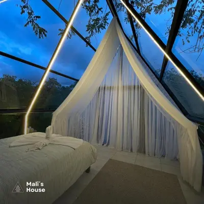 a bedroom with a canopy bed in a glass house at Mali's House in Fortuna