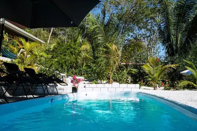 a swimming pool with chairs and an umbrella at House in the palm forest in Carrillo