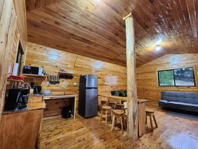 a kitchen and living room in a log cabin at Cabaña el Faisán, Jardín de Dota in Jardín