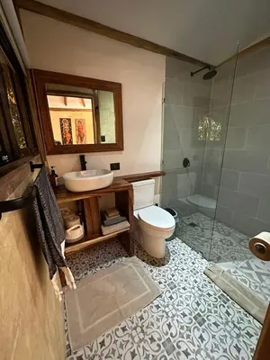 a bathroom with a toilet and a sink and a shower at Tierra Encantada Wellness Center in Nosara