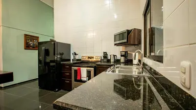 a kitchen with a sink and a black refrigerator at Anthurium house in Fortuna