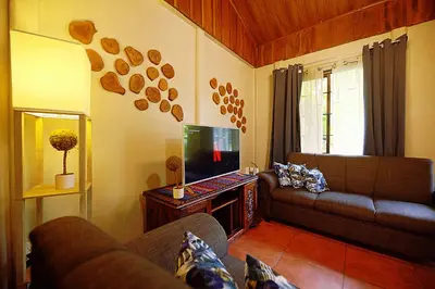 a living room with a couch and a tv at Arenal Dream Cottage in Fortuna