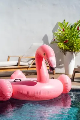 a pink inflatable flamingo float in a pool at Hotel Por Que No? in Uvita