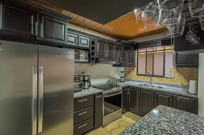 a kitchen with black cabinets and stainless steel appliances at Villa Buganvilia Fortuna Centro in Fortuna